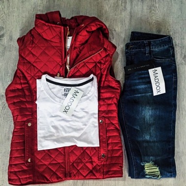 Keepin' Cozy | Quilted Hooded Vest, Jersey Crew Top, Skinny Med Rise Jeans